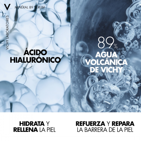 Fórmula de Vichy Minéral 89 concentrada con ácido hialurónico y 89% de agua volcánica pura