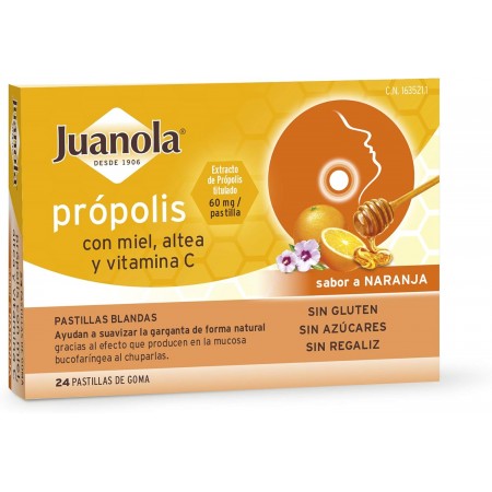 JUANOLA PASTILLAS BLANDAS PROPOLIS MIEL VIT C ALTEA SABOR NARANJA 48 G 24 PASTILLAS
