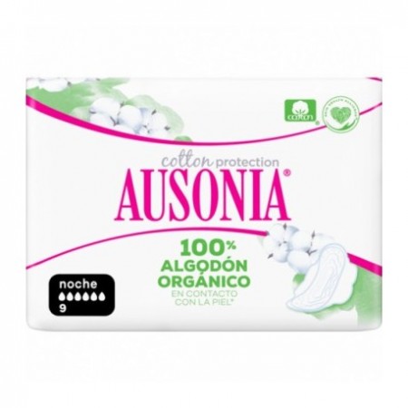 AUSONIA COMPRESAS HIGIENICAS FEMENINAS ALGODON ORGANICO NOCHE ALAS 9 U