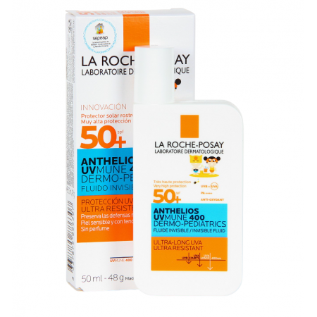 Presentación en envase de 50 ml y caja de La Roche-Posay Anthelios Dermo-Pediatrics UVMune 400 Fluido Invisible
