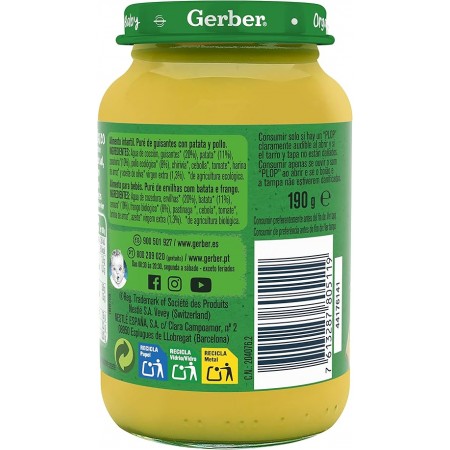 GERBER ORGANIC GUISANTES PATATAS POLLO TARRITO 190 G