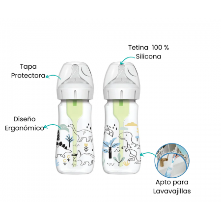 DR BROWN´S BIBERON BOCA ANCHA NATURAL FLOW ANTICOLICO 270 ML DINOSAURIOS
