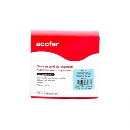 ACOFAR GASA ESTERIL ALGODON HIDROFILO COMPRESASB 5 SOBRES 5UD 25 GASAS