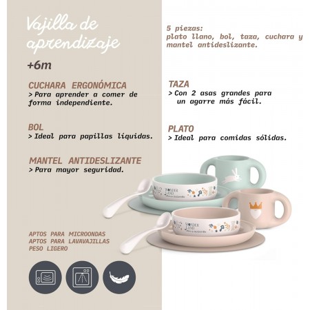 SUAVINEX VAJILLA INFANTIL VERDE Y BEIGE 5 PIEZAS +6 MESES