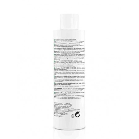 Vista posterior del envase de 200 ml de Vichy Dercos Champú Anticaspa Piel Sensible Sin Sulfatos