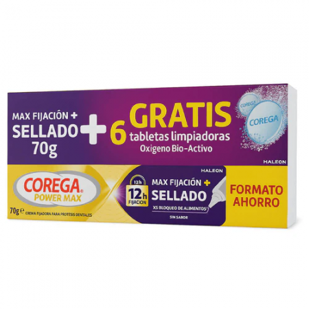 COREGA PACK POWER MAX ADEHESIVO SELLADO SIN SABOR 70G + 6 TABLETAS OXIGENO GRATIS