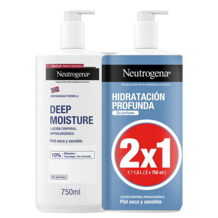 NEUTROGENA HIDRATACION PROFUNDA LOCION CORPORAL HIPOALERGENICA PIEL SECA SIN PERFUME 2X1 750+750 ML