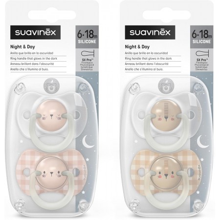 SUAVINEX NIGHT & DAY CHUPETE SILICONA SXPRO 6-18 MESES 2 UNIDADES BRILLA EN LA OSCURIDAD