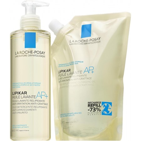 Presentación del frasco de 400 ml y la eco recarga de La Roche-Posay Lipikar aceite lavante