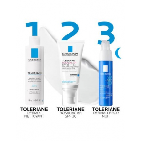 Rutina diaria calmante para piel sensible con limpiador, fluido SPF30 y tratamiento de noche Toleriane