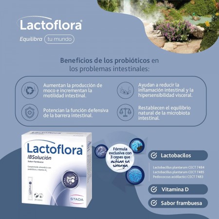 LACTOFLORA IBSOLUCION PROBIOTICOS + VITAMINA D3 SABOR FRAMBUESA 28 SOBRES