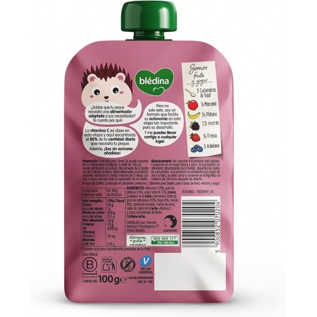 DANONE BLEDINA POUCH DE YOGUR FRUTOS ROJOS, MANZANA Y PLATANO 100 G