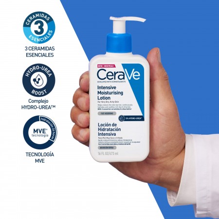Fórmula de CeraVe loción intensiva con tres ceramidas esenciales y tecnología MVE