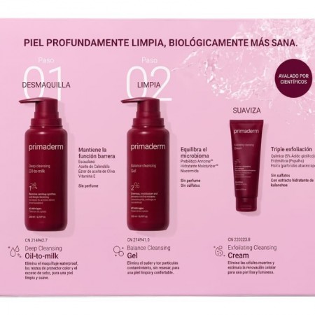 PRIMADERM PACK DOBLE LIMPIEZA OIL-MILK 200 ML + GEL LIMPIADOR 200 ML + REGALO EXFOLIANTE