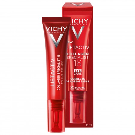 Presentación del empaque y tubo de crema de ojos Vichy Collagen Specialist