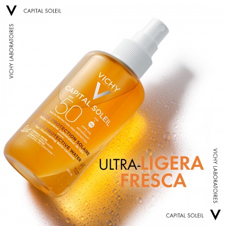 Textura ultraligera y fresca del agua protectora bronceadora Vichy con beta-caroteno