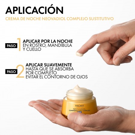 Modo de aplicación de la crema de noche Vichy Neovadiol en rostro, mandíbula y cuello