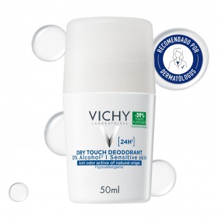 Desodorante Vichy tacto seco recomendado por dermatólogos para el cuidado de pieles sensibles