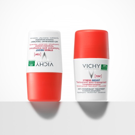 Diseño del envase del desodorante roll-on con tapón rojo Vichy Stress Resist