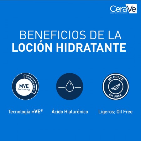 Beneficios de CeraVe loción hidratante con tecnología MVE, ácido hialurónico y fórmula libre de aceites