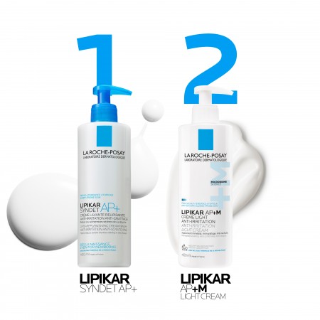 Rutina corporal en 2 pasos con limpiador Lipikar Syndet AP+ y bálsamo hidratante Lipikar Baume AP+M