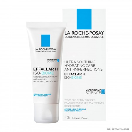 Presentación en tubo y caja de La Roche-Posay Effaclar H Iso-Biome crema hidratante de 40 ml