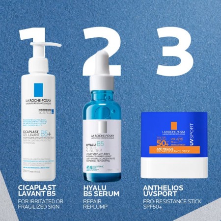 Rutina de higiene, hidratación y protección solar deportiva con Cicaplast Gel, Hyalu B5 Sérum y Anthelios UVSport Stick