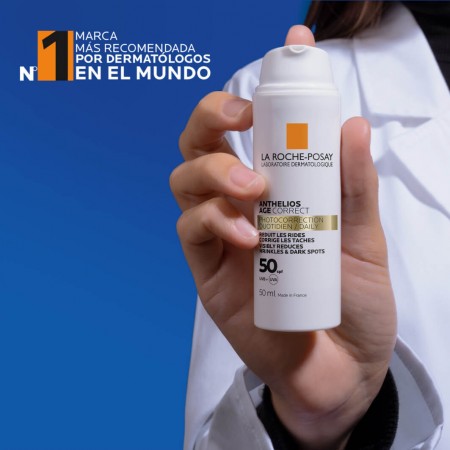 Crema fotoprotectora facial antiedad La Roche-Posay Anthelios Age Correct avalada por dermatólogos