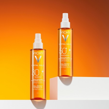 Presentaciones de aceites y fluidos solares protectores celulares Vichy Capital Soleil SPF50+