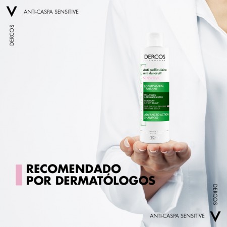 Champú anticaspa para cuero cabelludo sensible sin sulfatos recomendado por dermatólogos Vichy Dercos