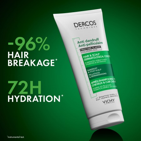 Propiedades de 72 horas de hidratación y un 96% menos de rotura capilar con Vichy Dercos Acondicionador