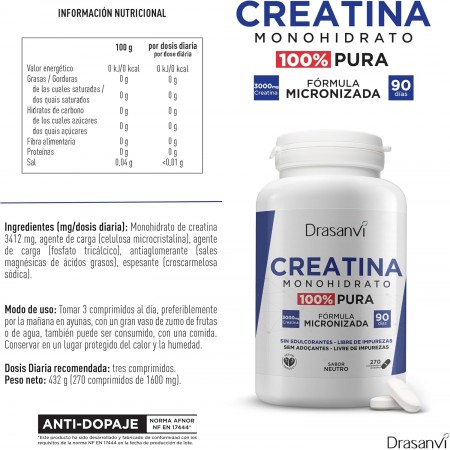 DRASANVI CREATINA MONOHYDRATO 80 MESH SABOR NEUTRO 90 COMPRIMIDOS