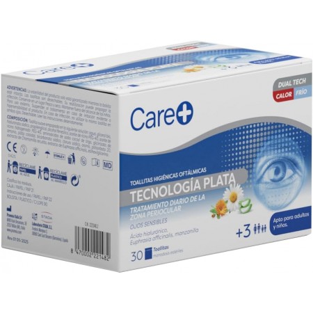 CARE+ TOALLITAS HIGIENICAS OFTALMICAS TECNOLOGIA PLATA 30 MONODOSIS ESTERILES